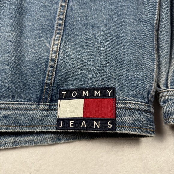 Vintage Tommy Jeans Jacket Mens 2XL Blue Denim Tan Collar Crest Patch 90s - Picture 10 of 14